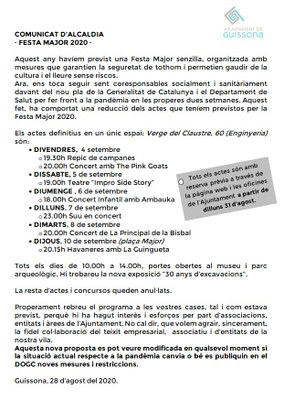 COMUNICAT D'ALCALDIA - FESTA MAJOR 2020
