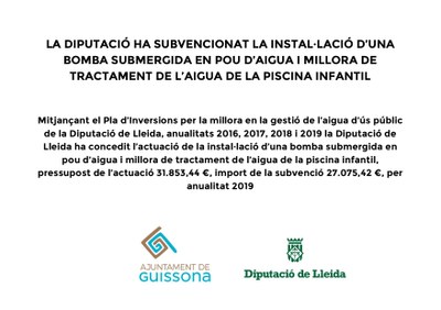LA DIPUTACIÓ DE LLEIDA HA SUBVENCIONAT LA INSTAL·LACIÓ D'UNA BOMBA D'AIGUA PEL TRACTAMENT DE L'AIGUA
