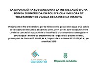 LA DIPUTACIÓ DE LLEIDA HA SUBVENCIONAT LA INSTAL·LACIÓ D'UNA BOMBA D'AIGUA PEL TRACTAMENT DE L'AIGUA