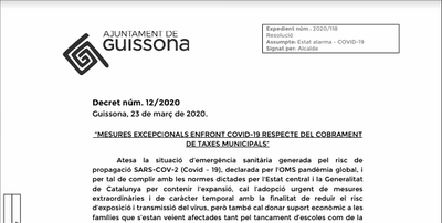 L'AJUNTAMENT DE GUISSONA APROVA DOS DECRETS ENVERS EL CORONAVIRUS