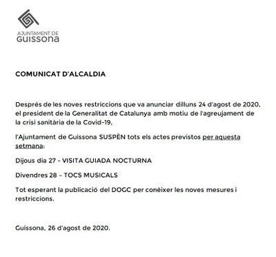 L'AJUNTAMENT SUSPÈN TOTS ELS ACTES CULTURALS PREVISTOS PER AQUESTA SETMANA