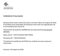 L'AJUNTAMENT SUSPÈN TOTS ELS ACTES CULTURALS PREVISTOS PER AQUESTA SETMANA