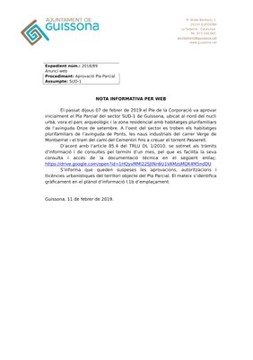 S'APROVA INICIALMENT EL PLA PARCIAL DEL SECTOR SUD-1 DE GUISSONA
