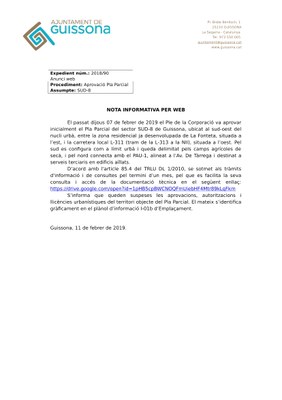 S'APROVA INICIALMENT EL PLA PARCIAL DEL SECTOR SUD-8 DE GUISSONA