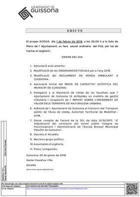 SESSIÓ ORDINÀRIA DEL PLE PEL PROPER DIJOUS DIA 1 DE FEBRER